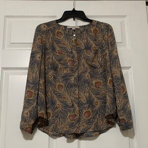 LOFT Slate Floral-Feather Feminine Button Front Blouse